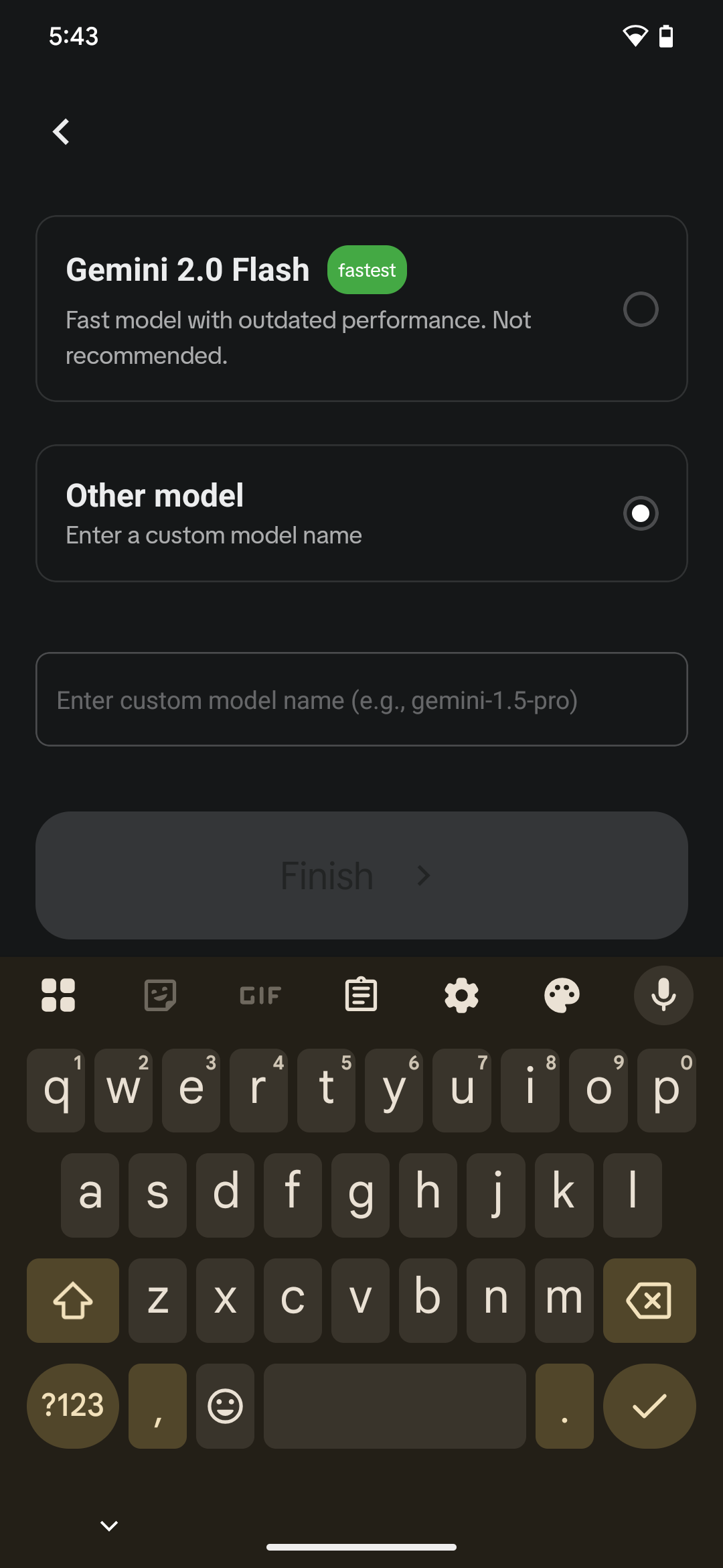 AI model choice screen, with custom model